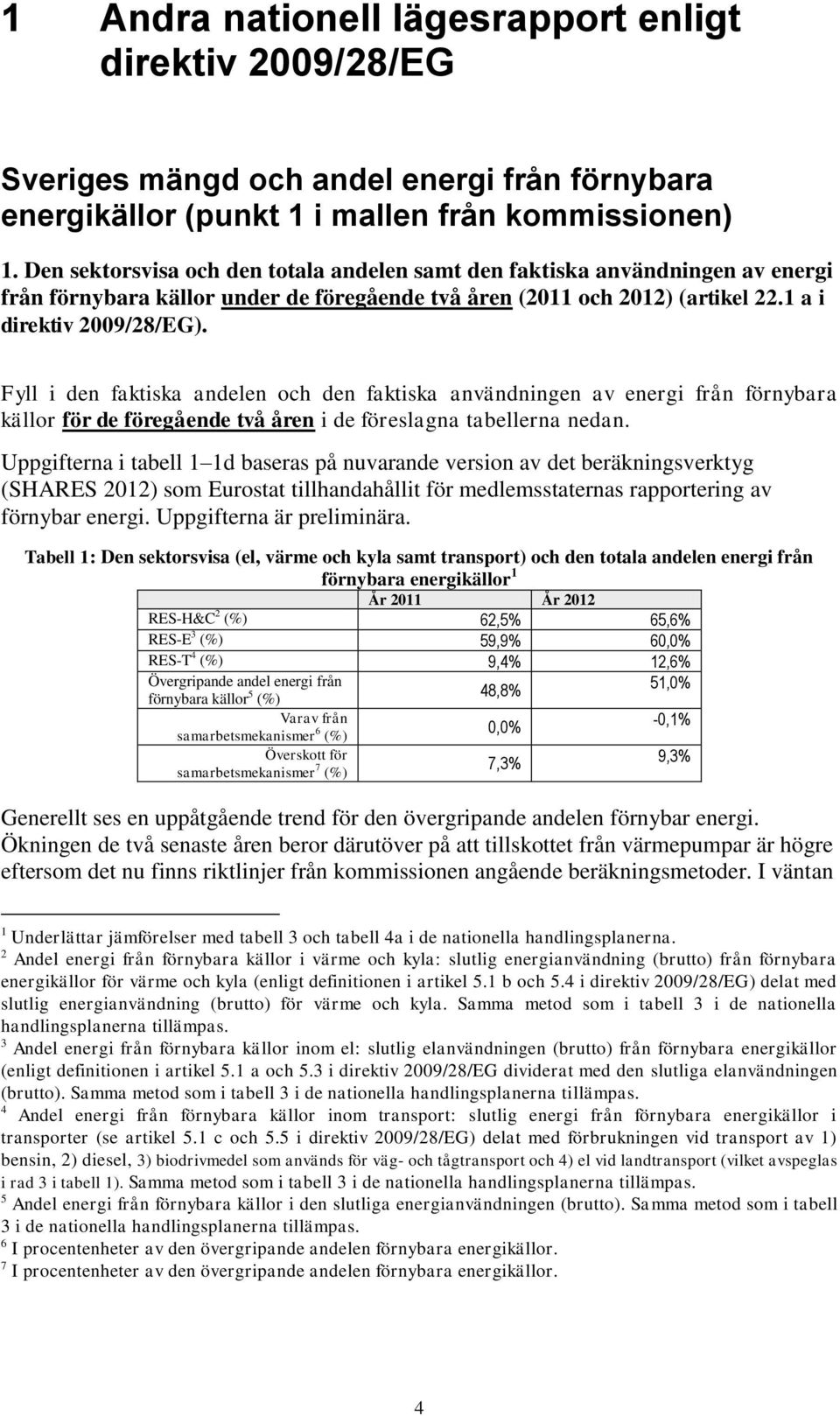 Fyll i den faktiska andelen och den faktiska användningen av energi från förnybara källor för de föregående två åren i de föreslagna tabellerna nedan.