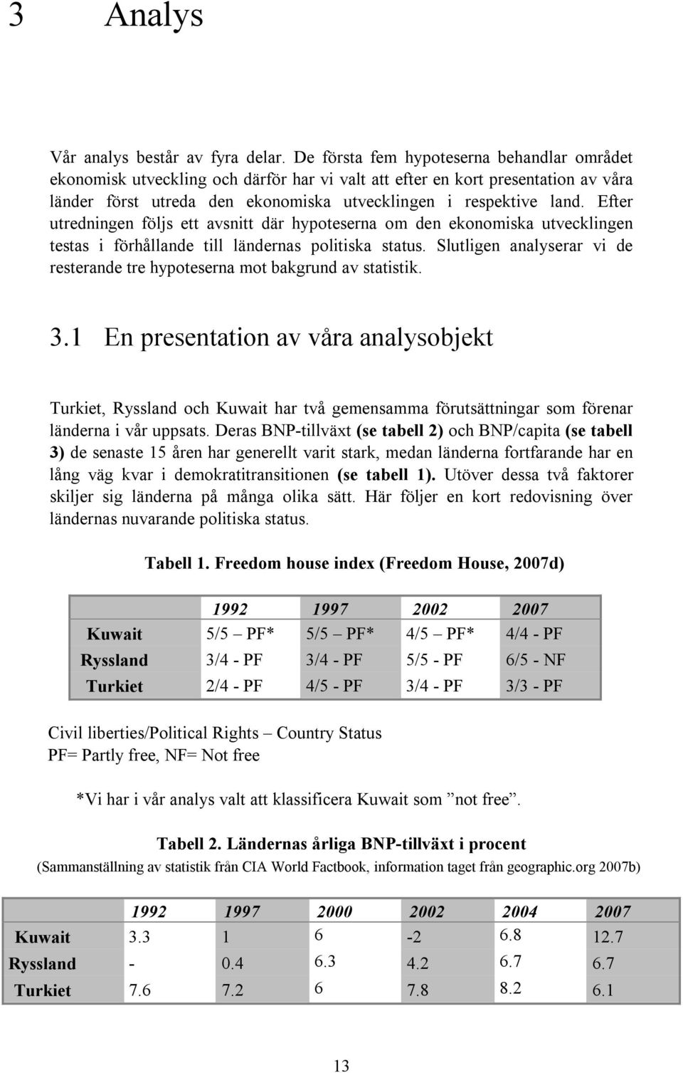 Efter utredningen följs ett avsnitt där hypoteserna om den ekonomiska utvecklingen testas i förhållande till ländernas politiska status.