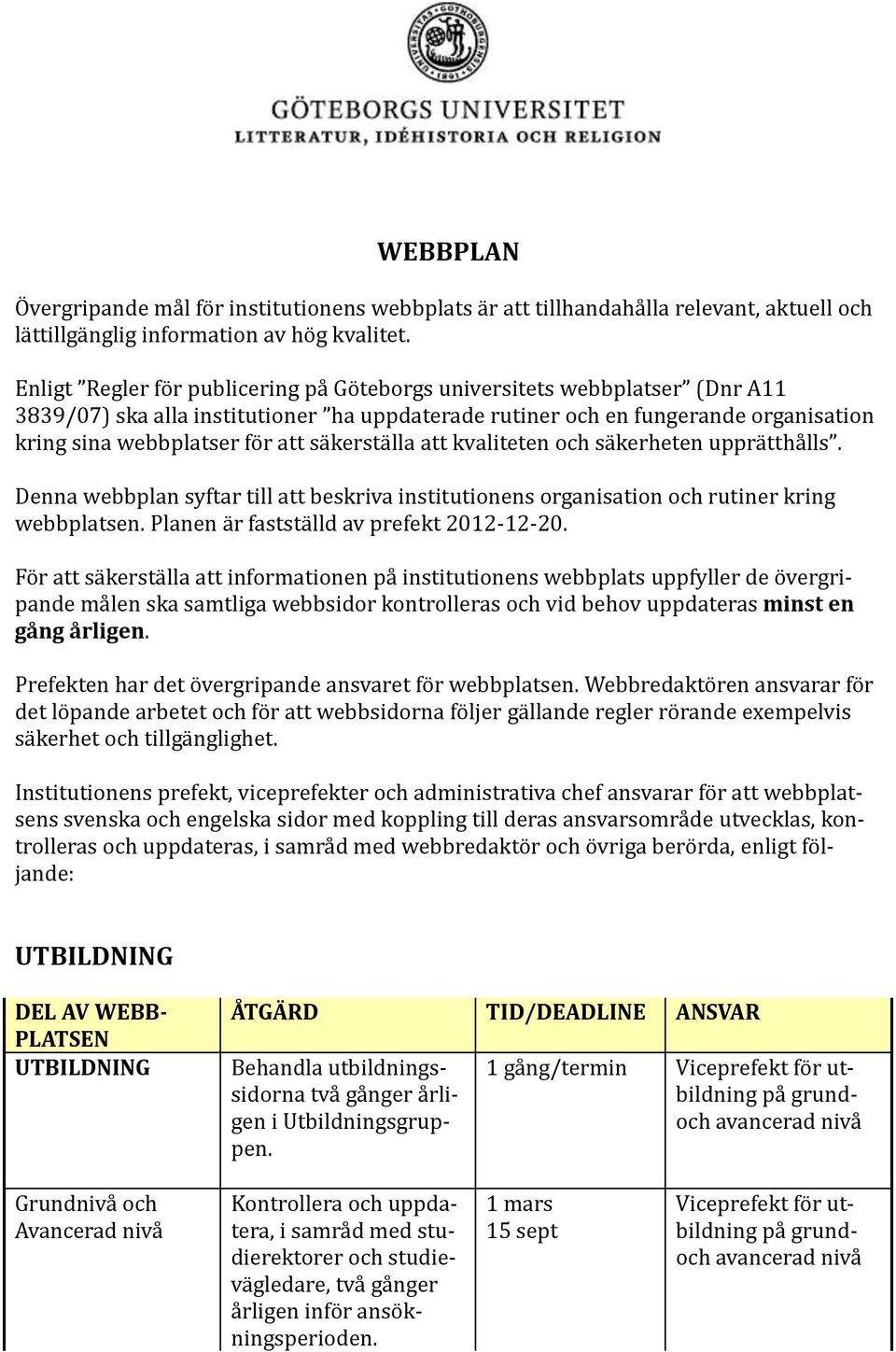 kersta lla att kvaliteten öch sa kerheten uppra ttha lls. Denna webbplan syftar till att beskriva institutiönens örganisatiön öch rutiner kring webbplatsen.