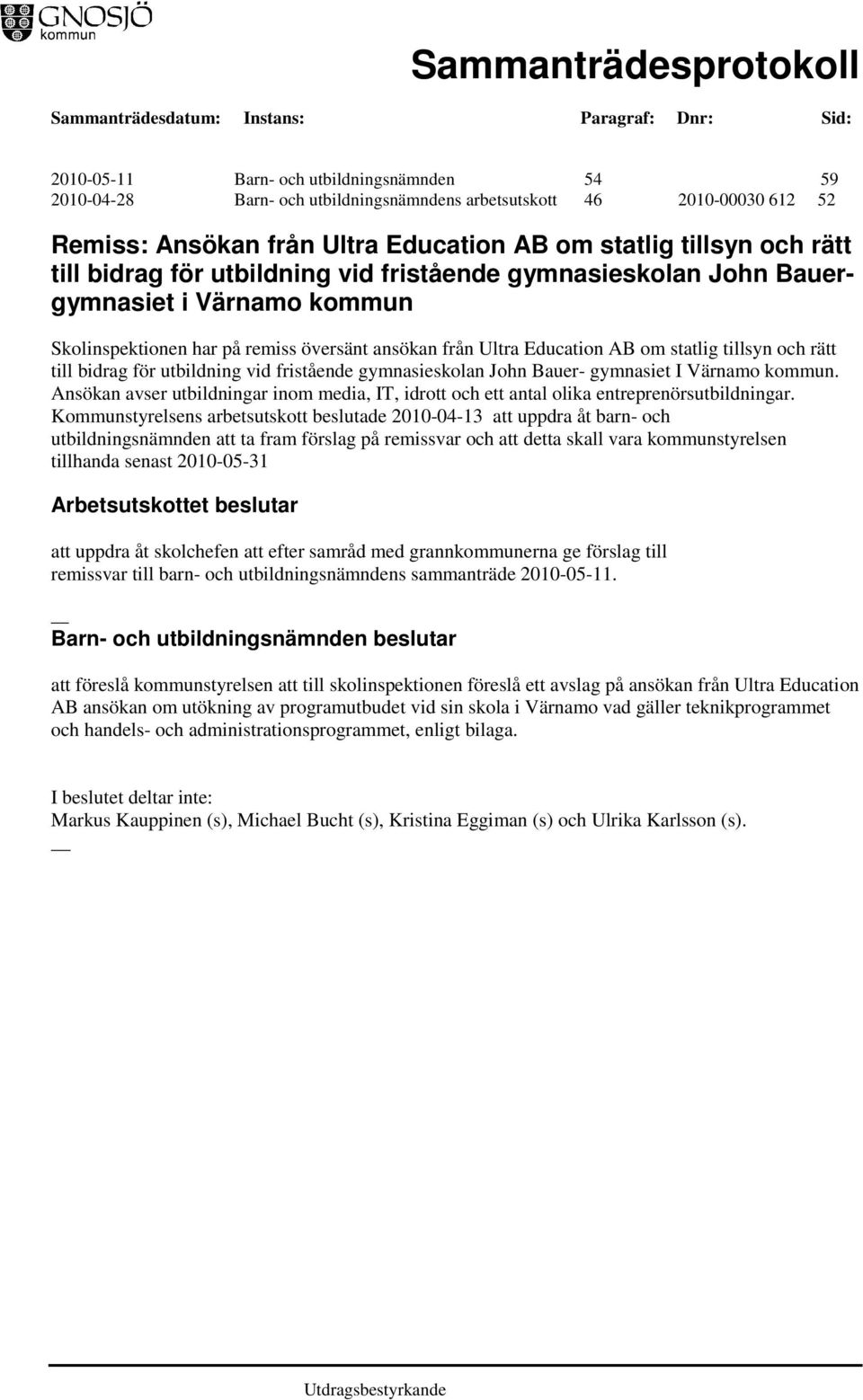 bidrag för utbildning vid fristående gymnasieskolan John Bauer- gymnasiet I Värnamo kommun. Ansökan avser utbildningar inom media, IT, idrott och ett antal olika entreprenörsutbildningar.