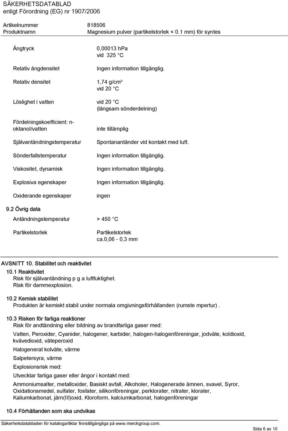 2 Övrig data Antändningstemperatur > 450 C Partikelstorlek Partikelstorlek ca.0,06-0,3 mm AVSNITT 10. Stabilitet och reaktivitet 10.1 Reaktivitet Risk för självantändning p g a luftfuktighet.