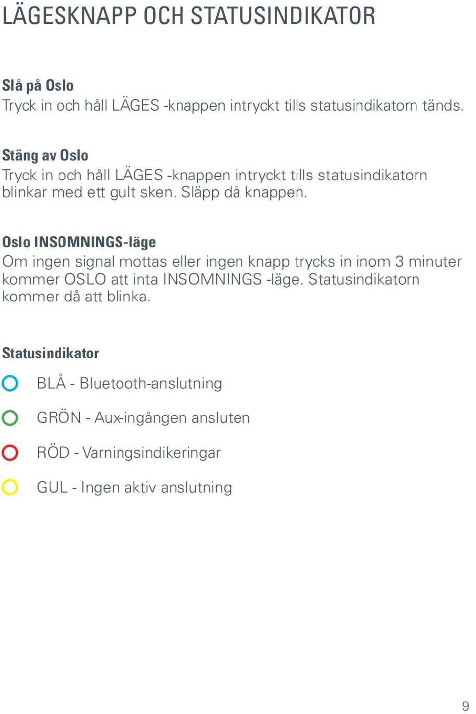 Oslo INSOMNINGS-läge Om ingen signal mottas eller ingen knapp trycks in inom 3 minuter kommer OSLO att inta INSOMNINGS -läge.
