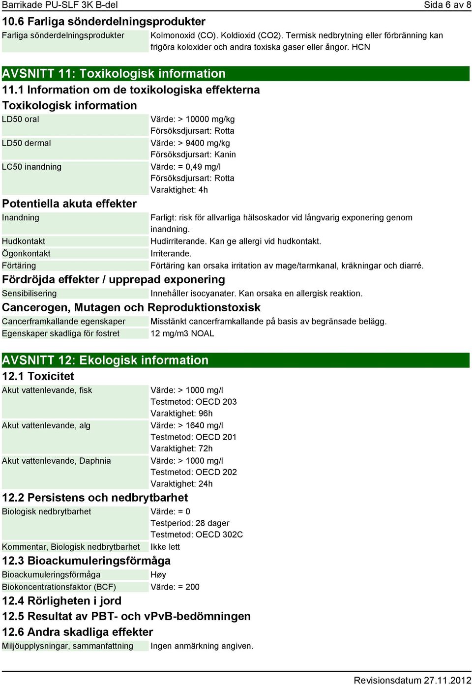 Koldioxid (CO2). Termisk nedbrytning eller förbränning kan frigöra koloxider och andra toxiska gaser eller ångor.