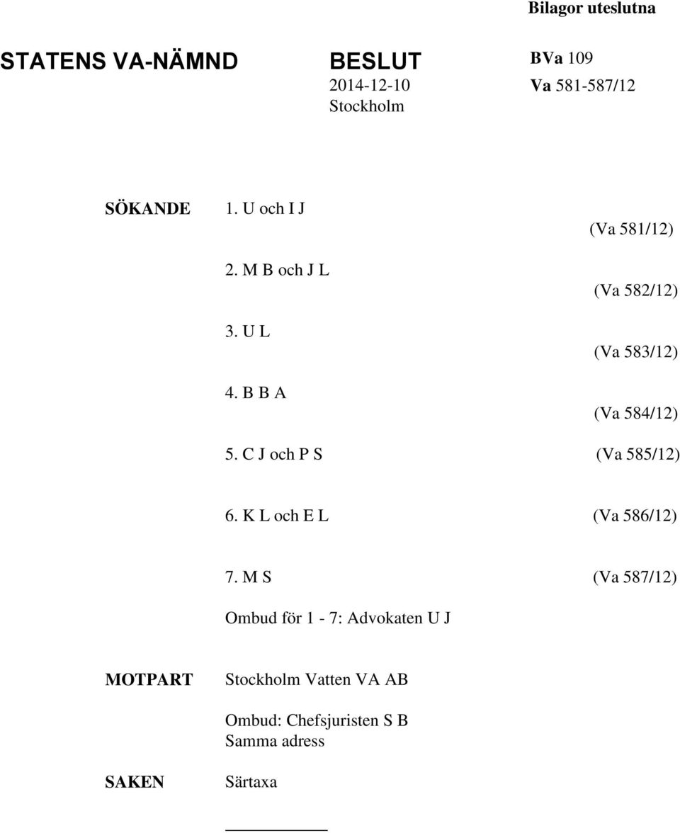 B B A (Va 581/12) (Va 582/12) (Va 583/12) (Va 584/12) 5. C J och P S (Va 585/12) 6.