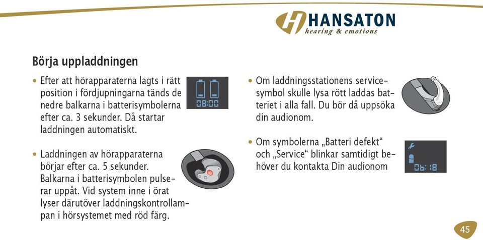 Vid system inne i örat lyser därutöver laddningskontrollampan i hörsystemet med röd färg.