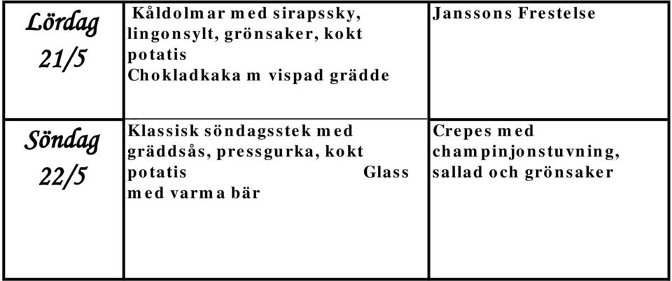 söndagsstek med gräddsås, pressgurka, kokt potatis Glass med