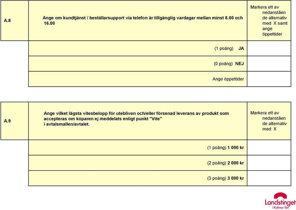 9 Ange vilket lägsta vitesbelopp för utebliven och/eller försenad leverans av produkt som accepteras om köparen ej