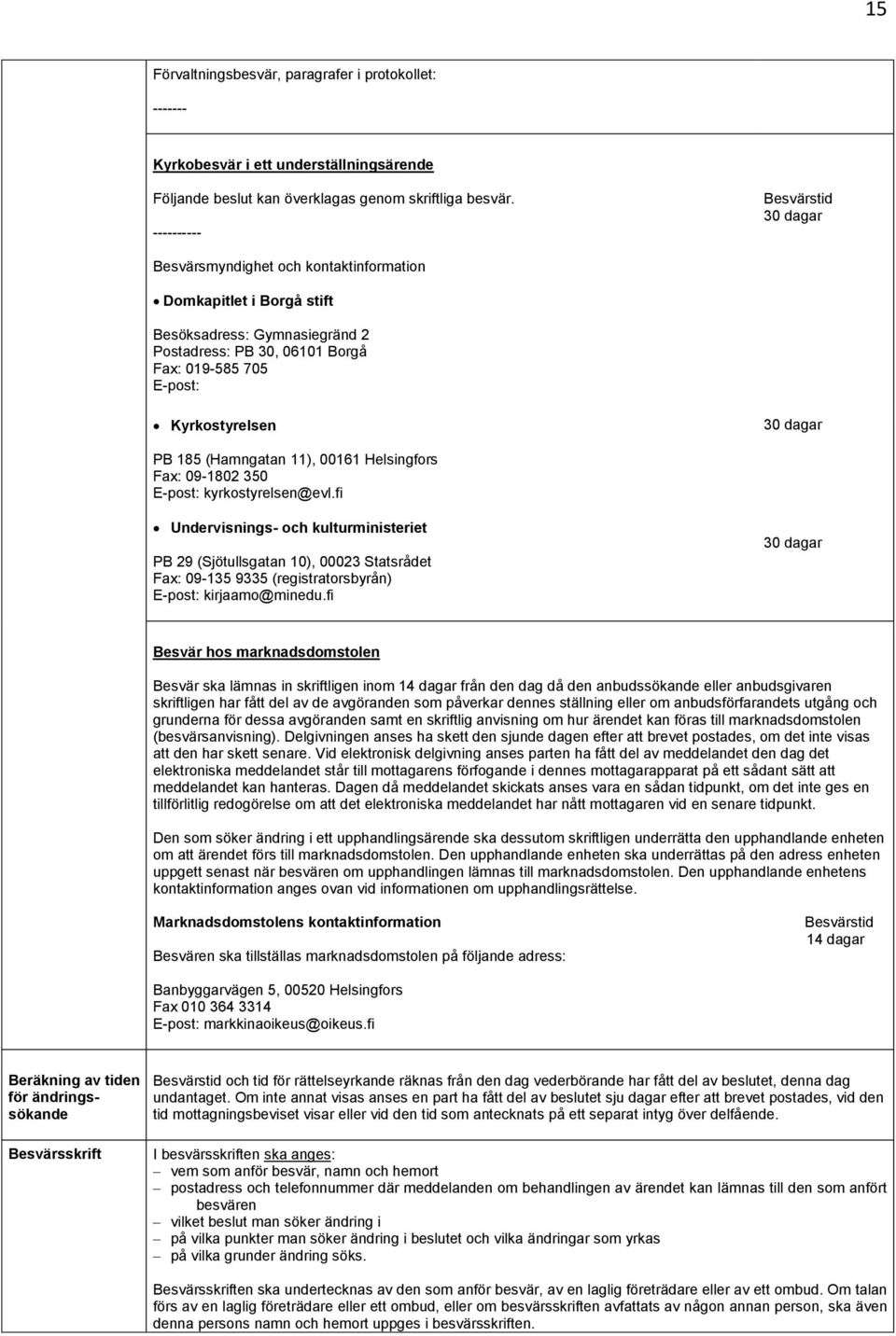 30 dagar PB 185 (Hamngatan 11), 00161 Helsingfors Fax: 09-1802 350 E-post: kyrkostyrelsen@evl.