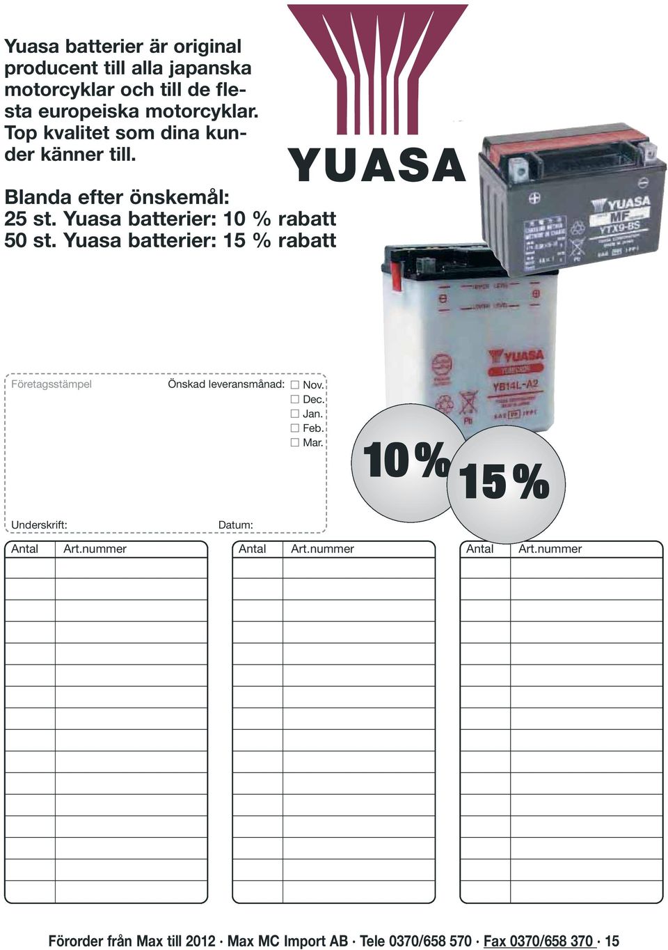 MADE IN 25 st. Yuasa batterier: 10 % rabatt 50 st.