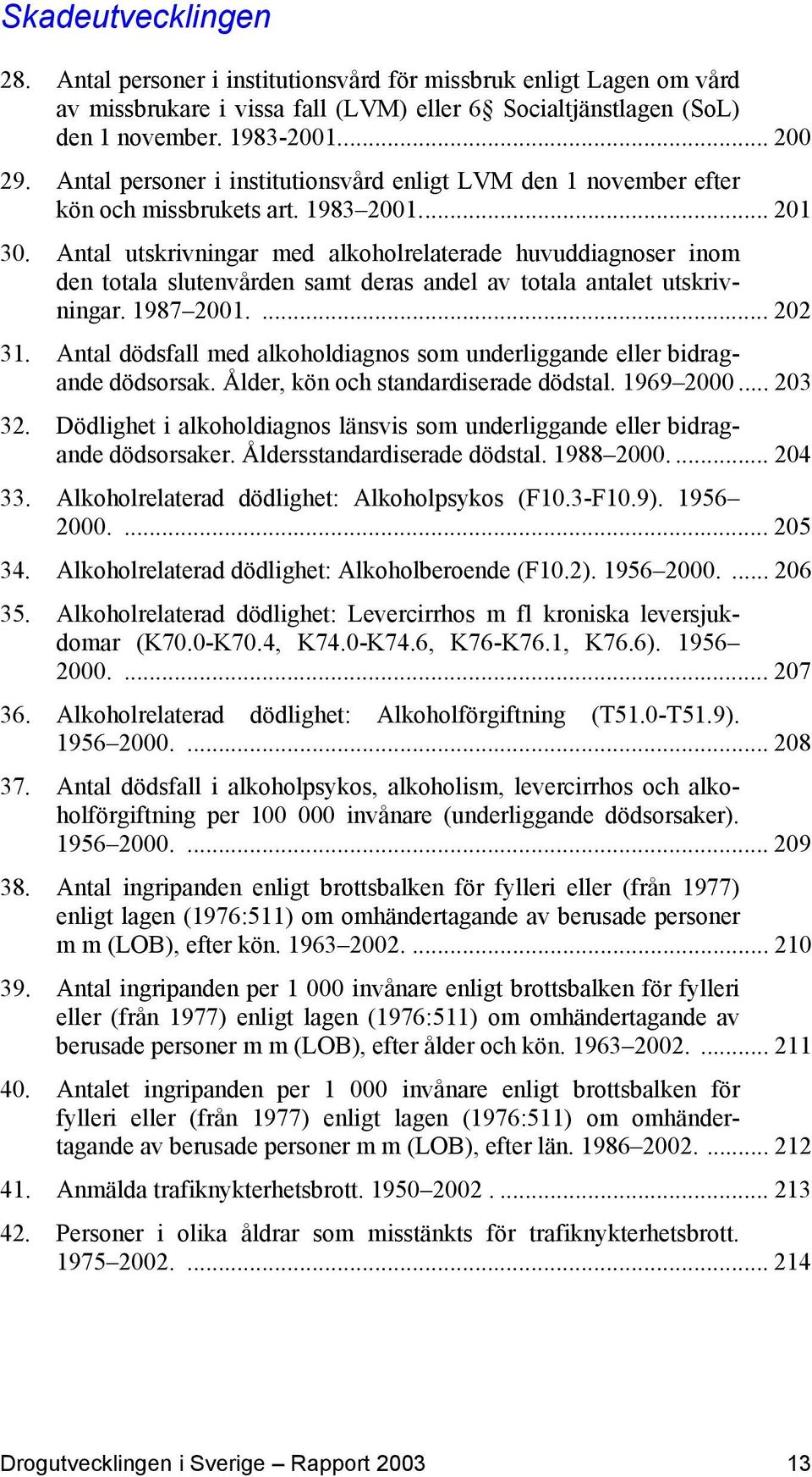 Antal utskrivningar med alkoholrelaterade huvuddiagnoser inom den totala slutenvården samt deras andel av totala antalet utskrivningar. 1987 2001.... 202 31.