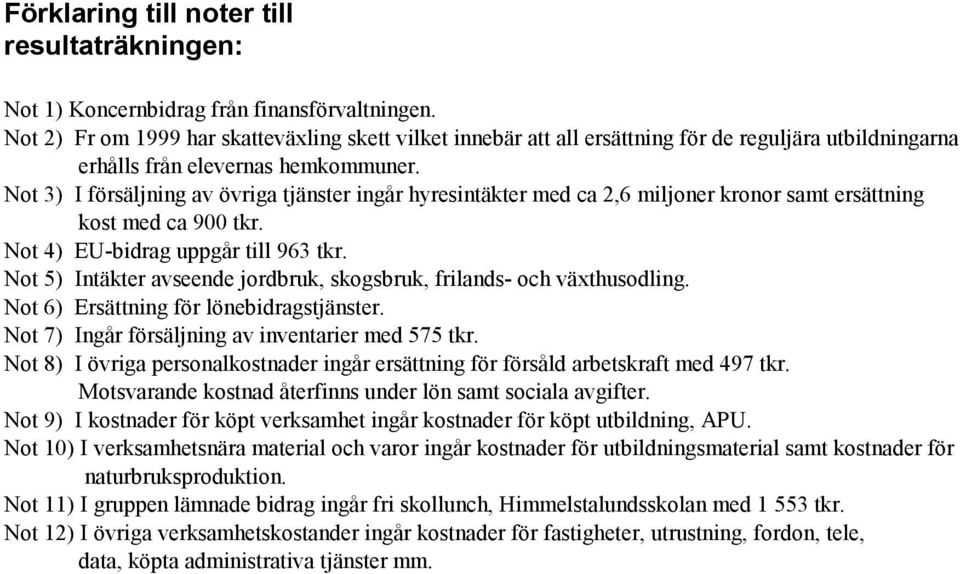 Not 3) I försäljning av övriga tjänster ingår hyresintäkter med ca 2,6 miljoner kronor samt ersättning kost med ca 900 tkr. Not 4) EU-bidrag uppgår till 963 tkr.