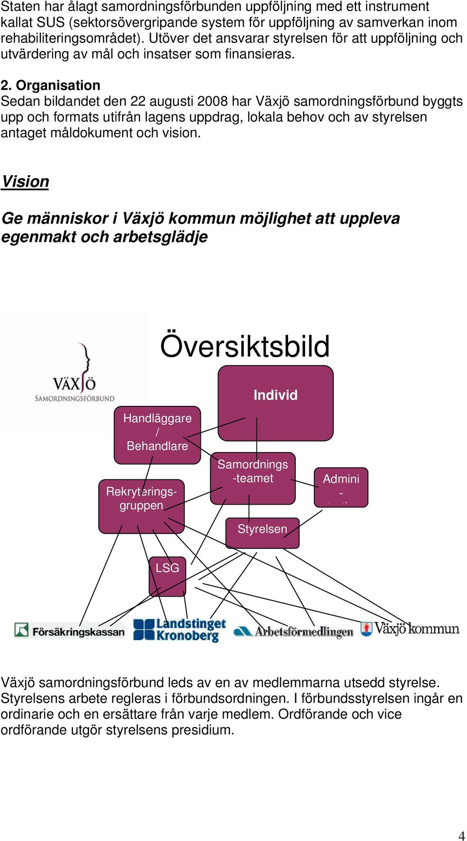 Organisation Sedan bildandet den 22 augusti 2008 har Växjö samordningsförbund byggts upp och formats utifrån lagens uppdrag, lokala behov och av styrelsen antaget måldokument och vision.