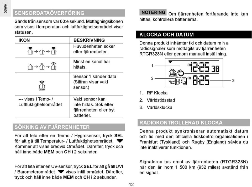 KLOCKA OCH DATUM Denna produkt inhämtar tid och datum m h a radiosignaler som mottagits av fjärrenheten RTGR328N eller genom manuell inställning.