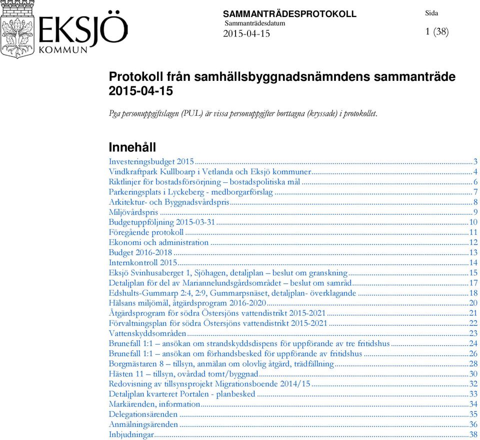 .. 6 Parkeringsplats i Lyckeberg - medborgarförslag... 7 Arkitektur- och Byggnadsvårdspris... 8 Miljövårdspris... 9 Budgetuppföljning 2015-03-31... 10 Föregående protokoll.