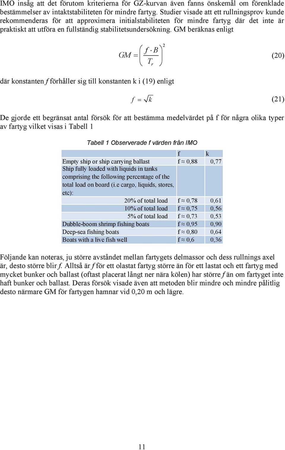 GM beräknas enligt GM f B = Tr 2 (2) där konstanten f förhåller sig till konstanten k i (19) enligt f = k (21) De gjorde ett begränsat antal försök för att bestämma medelvärdet på f för några olika