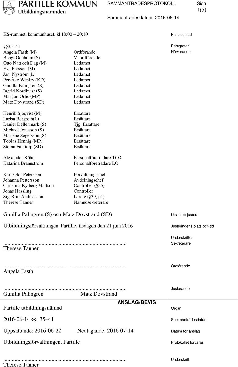 (SD) Alexander Köhn Katarina Brännström Karl-Olof Petersson Johanna Pettersson Christina Kylberg Mattson Jonas Hassling Sig-Britt Andreasson Ordförande V. ordförande Tjg.