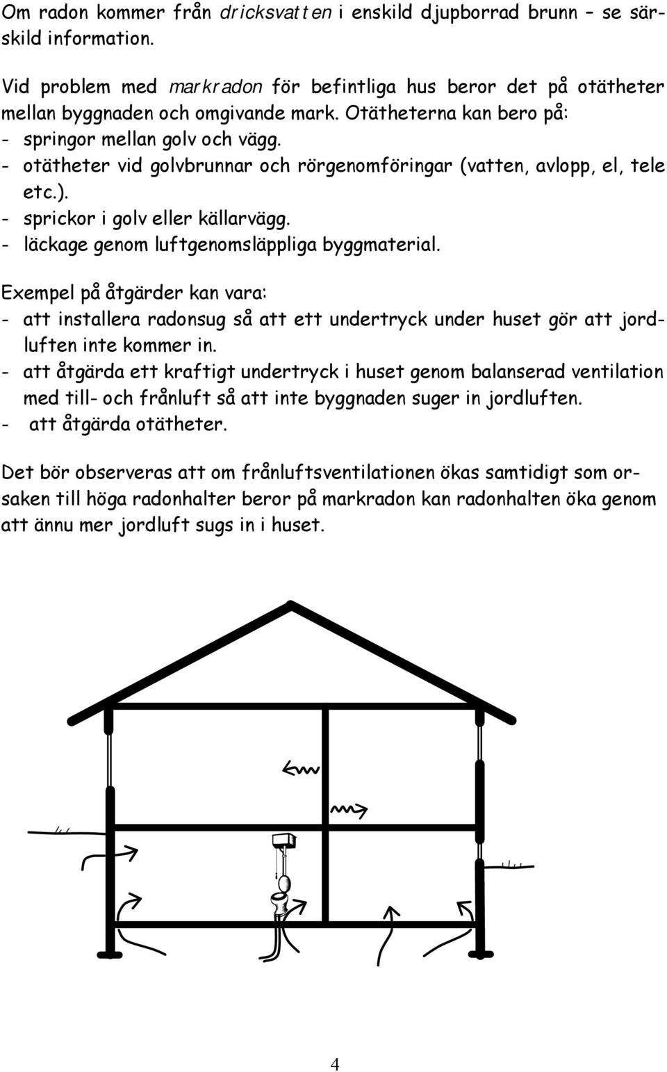 - läckage genom luftgenomsläppliga byggmaterial. Exempel på åtgärder kan vara: - att installera radonsug så att ett undertryck under huset gör att jordluften inte kommer in.