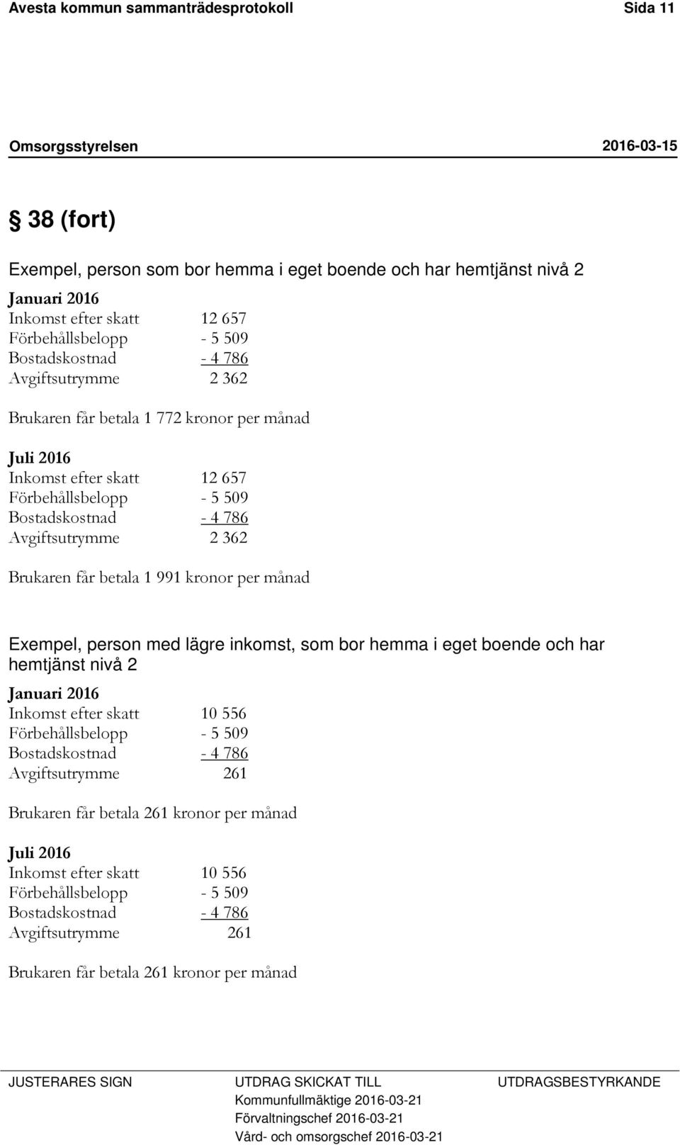 Brukaren får betala 1 991 kronor per månad Exempel, person med lägre inkomst, som bor hemma i eget boende och har hemtjänst nivå 2 Januari 2016 Inkomst efter skatt 10 556 Förbehållsbelopp - 5 509