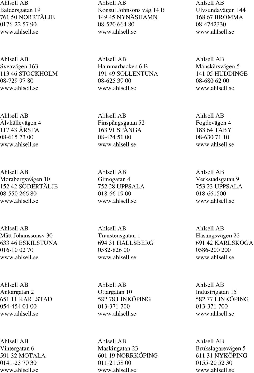 TÄBY 08-630 71 10 Morabergsvägen 10 152 42 SÖDERTÄLJE 08-550 266 80 Gimogatan 4 752 28 UPPSALA 018-66 19 00 Verkstadsgatan 9 753 23 UPPSALA 018-661500 Mått Johanssonsv 30 633 46 ESKILSTUNA 016-10 02