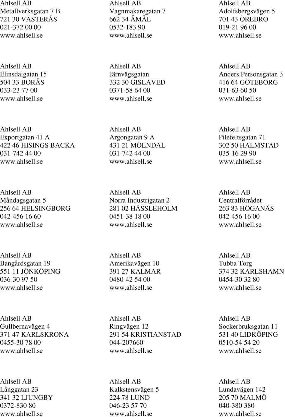 HALMSTAD 035-16 29 90 Måndagsgatan 5 256 64 HELSINGBORG 042-456 16 60 Norra Industrigatan 2 281 02 HÄSSLEHOLM 0451-38 18 00 Centralförrådet 263 83 HÖGANÄS 042-456 16 00 Bangårdsgatan 19 551 11