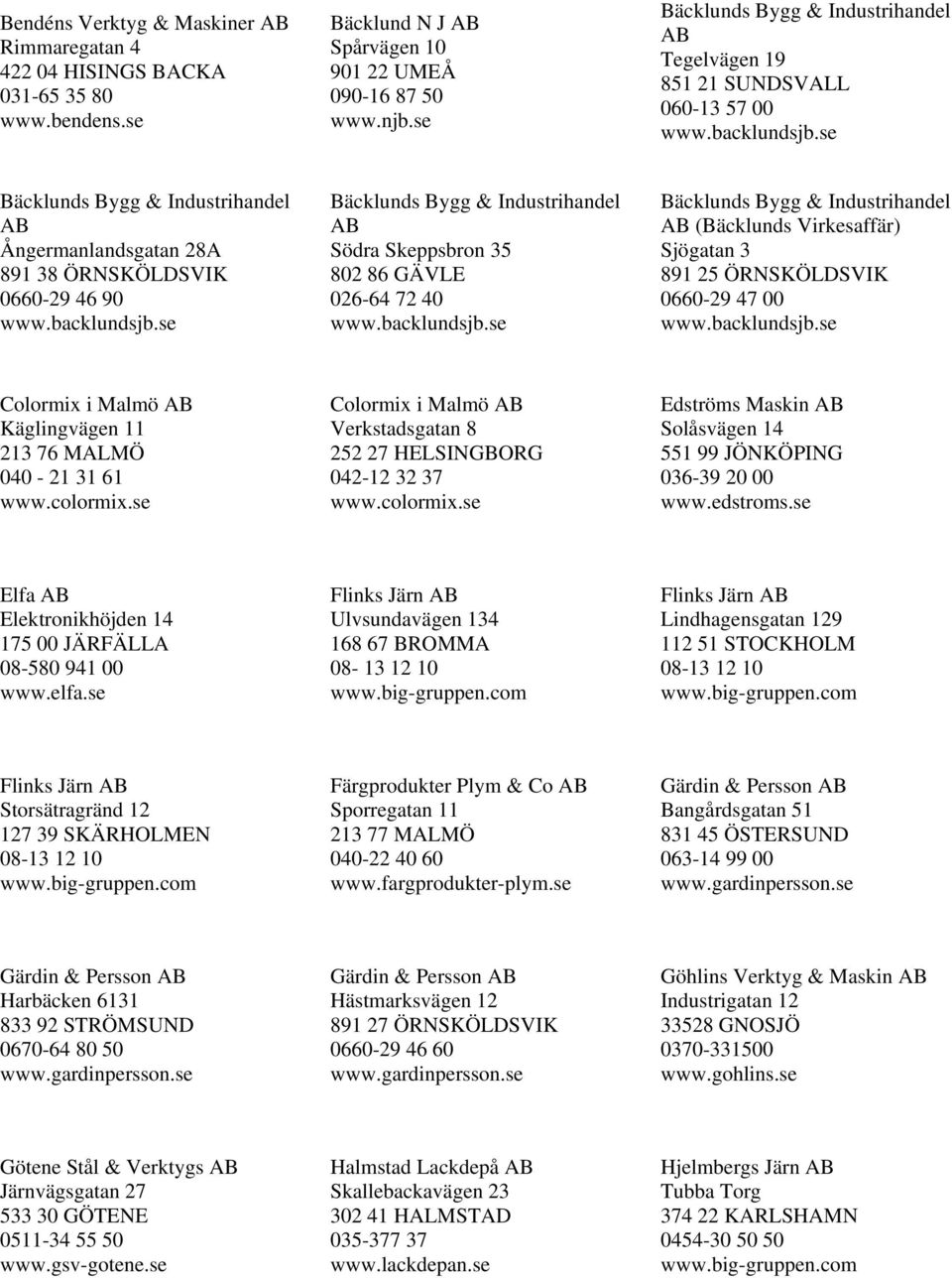 backlundsjb.se Bäcklunds Bygg & Industrihandel AB Södra Skeppsbron 35 802 86 GÄVLE 026-64 72 40 www.backlundsjb.se Bäcklunds Bygg & Industrihandel AB (Bäcklunds Virkesaffär) Sjögatan 3 891 25 ÖRNSKÖLDSVIK 0660-29 47 00 www.