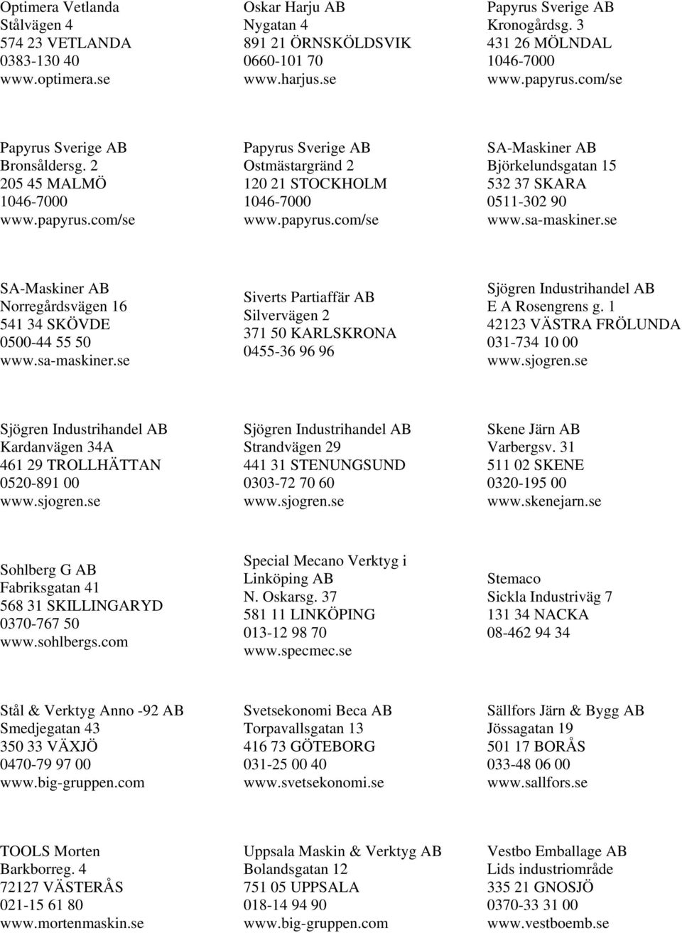 sa-maskiner.se SA-Maskiner AB Norregårdsvägen 16 541 34 SKÖVDE 0500-44 55 50 www.sa-maskiner.se Siverts Partiaffär AB Silvervägen 2 371 50 KARLSKRONA 0455-36 96 96 Sjögren Industrihandel AB E A Rosengrens g.
