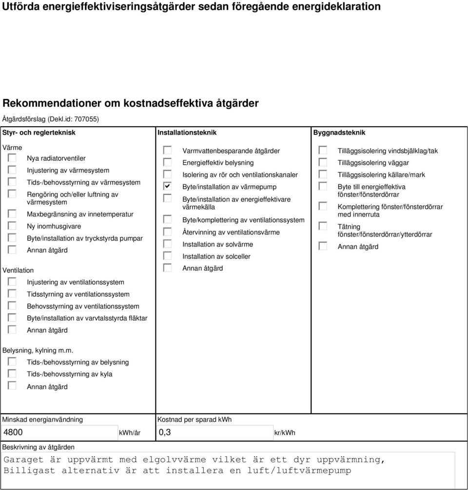 innetemperatur Ny inomhusgivare Byte/installation av tryckstyrda pumpar Injustering av ventilationssystem Tidsstyrning av ventilationssystem Behovsstyrning av ventilationssystem Byte/installation av