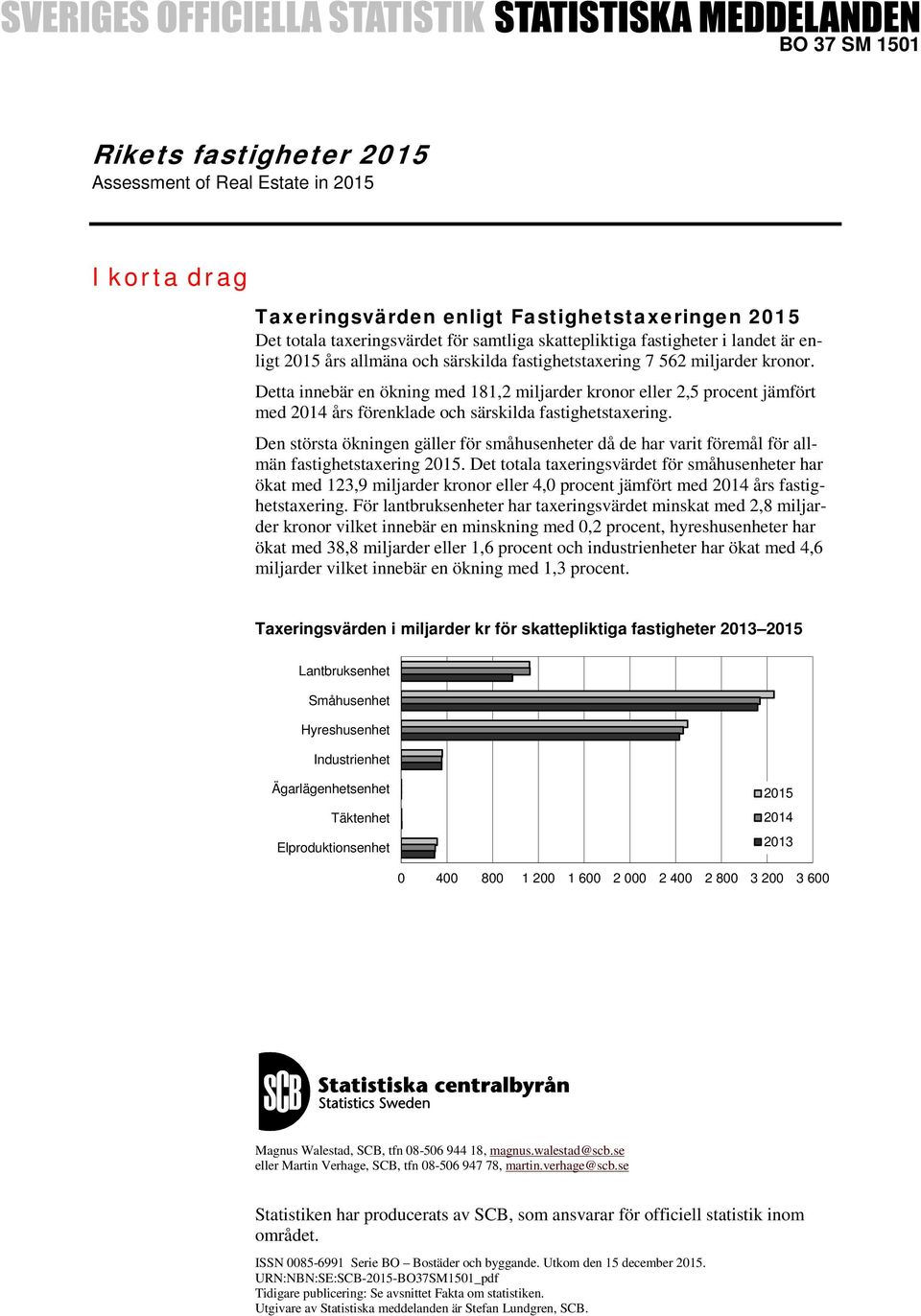 Detta innebär en ökning med 181,2 miljarder kronor eller 2,5 procent jämfört med 2014 års förenklade och särskilda fastighetstaxering.