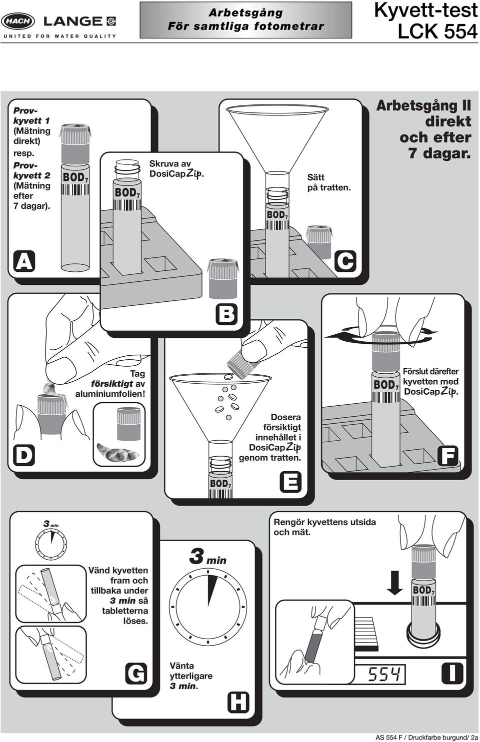 Förslut därefter kyvetten med DosiCap Zip. D Dosera försiktigt innehållet i DosiCap Zip genom tratten.