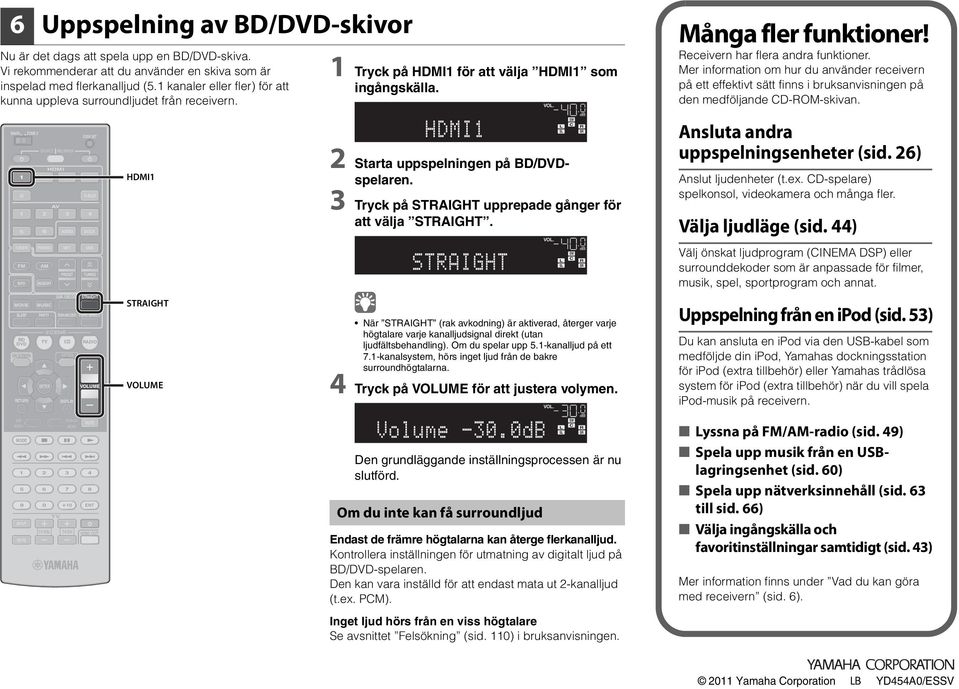 DECODE 9 0 10 V-AUX STAIGHT ENHANCE PUE DIECT ADIO VOUME MUTE INPUT MUTE 6 PHONO TV VO TV ECEIVE AUDIO NET DISPAY POP-UP MENU 7 8 TV CH CODE SET DOCK USB TUNING ENT OUT 1 STAIGHT VOUME 1 Tryck på 1