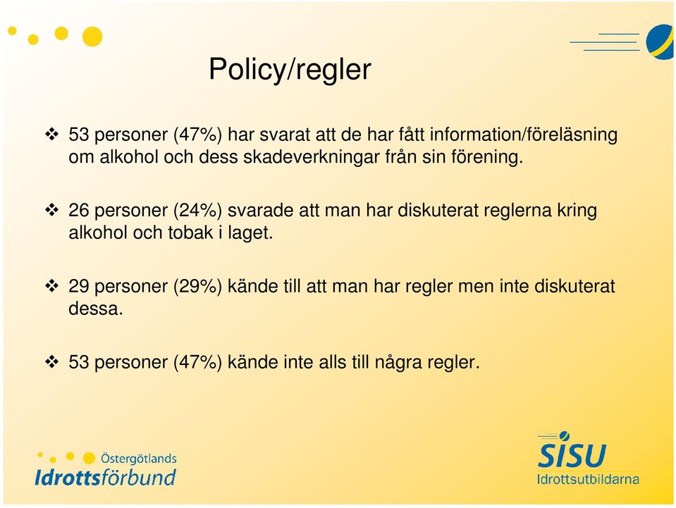 26 personer (24%) svarade att man har diskuterat reglerna kring alkohol och tobak i