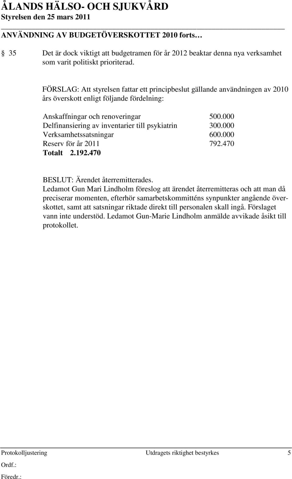 000 Delfinansiering av inventarier till psykiatrin 300.000 Verksamhetssatsningar 600.000 Reserv för år 2011 792.470 Totalt 2.192.470 BESLUT: Ärendet återremitterades.