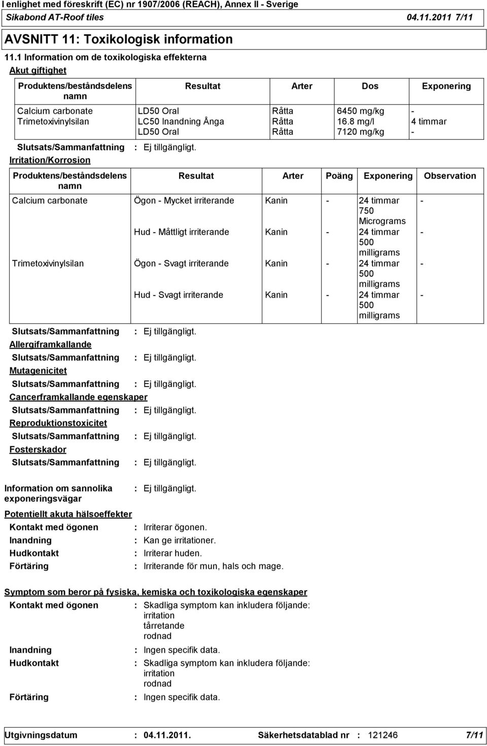 8 mg/l 4 timmar LD50 Oral Råtta 7120 mg/kg Irritation/Korrosion Produktens/beståndsdelens namn Mutagenicitet Cancerframkallande egenskaper Reproduktionstoxicitet Fosterskador Potentiellt akuta