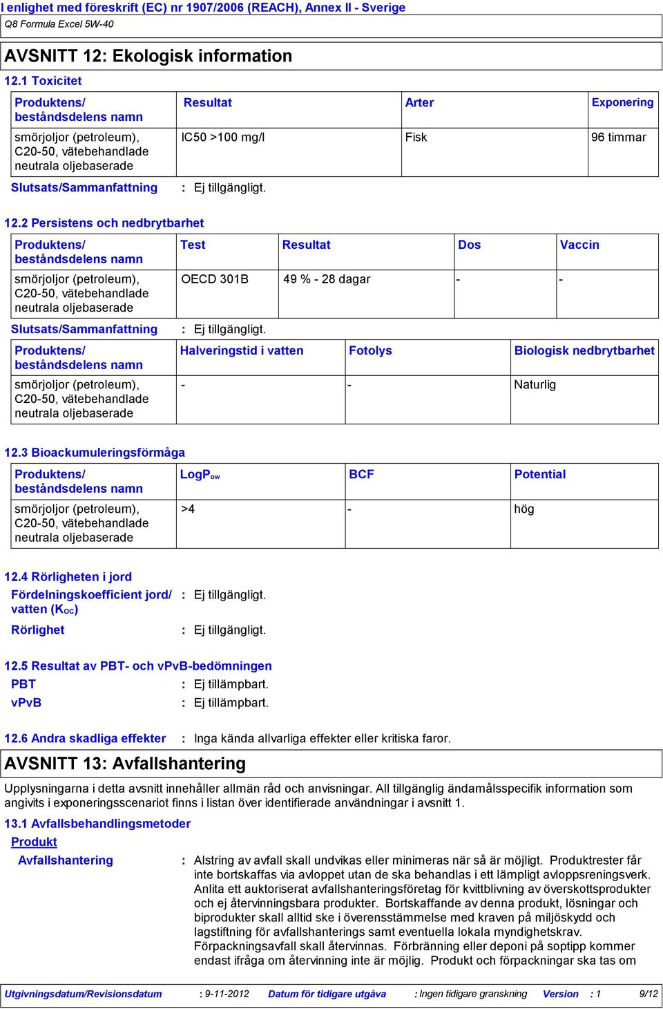 2 Persistens och nedbrytbarhet Produktens/ beståndsdelens namn Test Resultat Dos Vaccin C2050, vätebehandlade Produktens/ beståndsdelens namn C2050, vätebehandlade OECD 301B 49 % 28 dagar