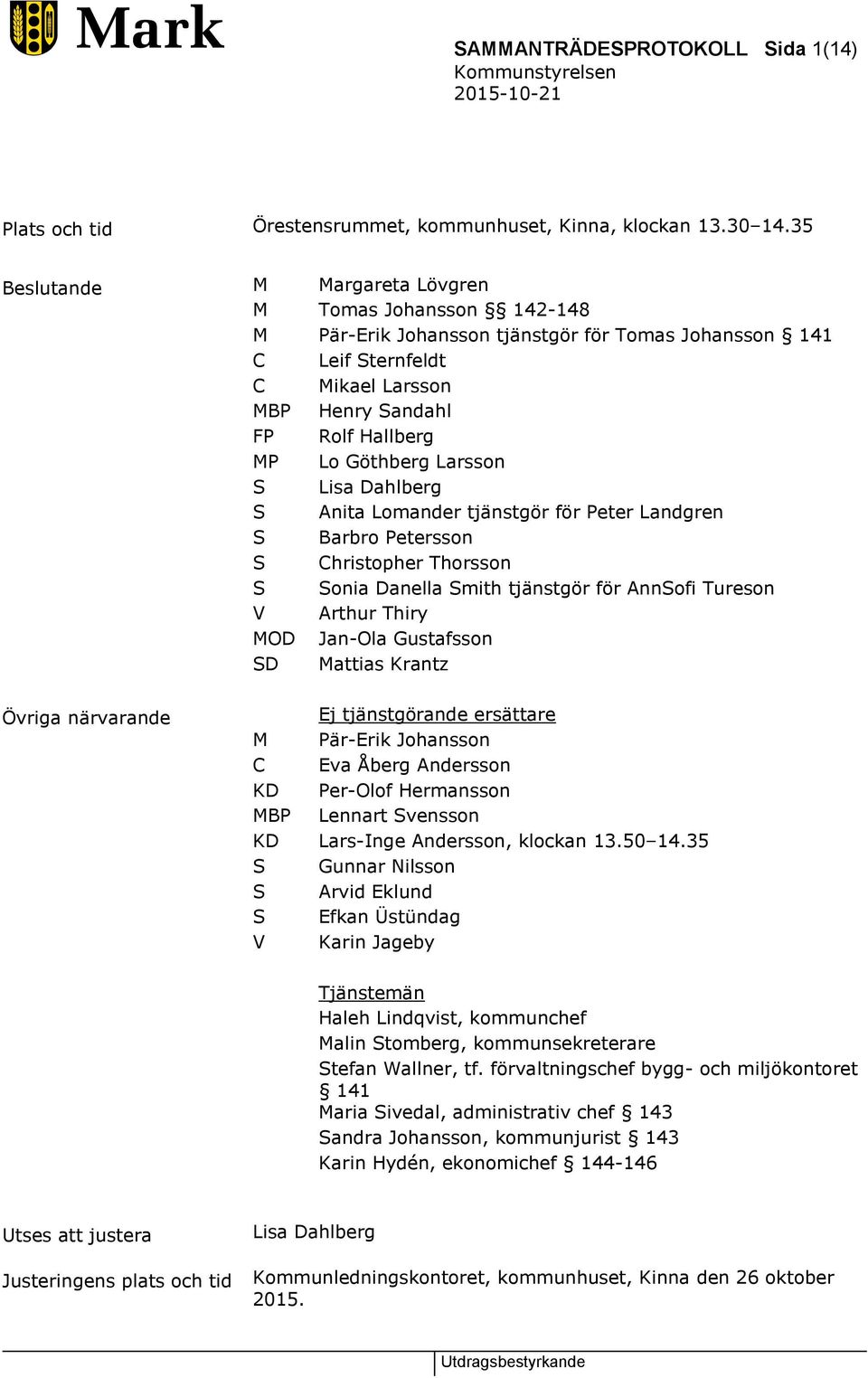 Larsson S Lisa Dahlberg S Anita Lomander tjänstgör för Peter Landgren S Barbro Petersson S Christopher Thorsson S Sonia Danella Smith tjänstgör för AnnSofi Tureson V Arthur Thiry MOD Jan-Ola