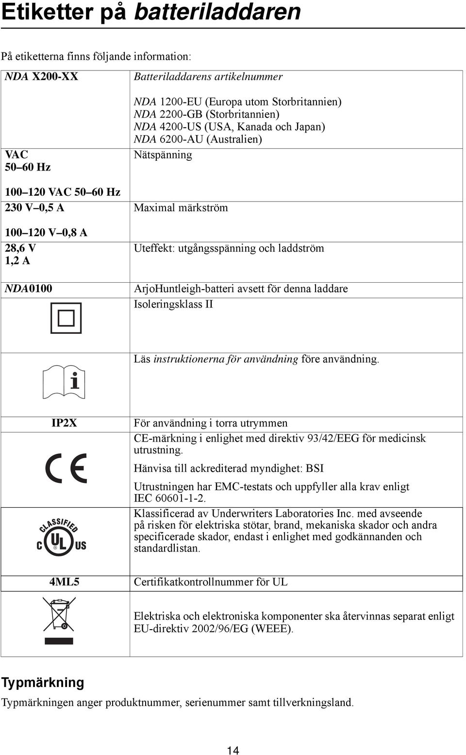 laddström ArjoHuntleigh-batteri avsett för denna laddare Isoleringsklass II Läs instruktionerna för användning före användning.