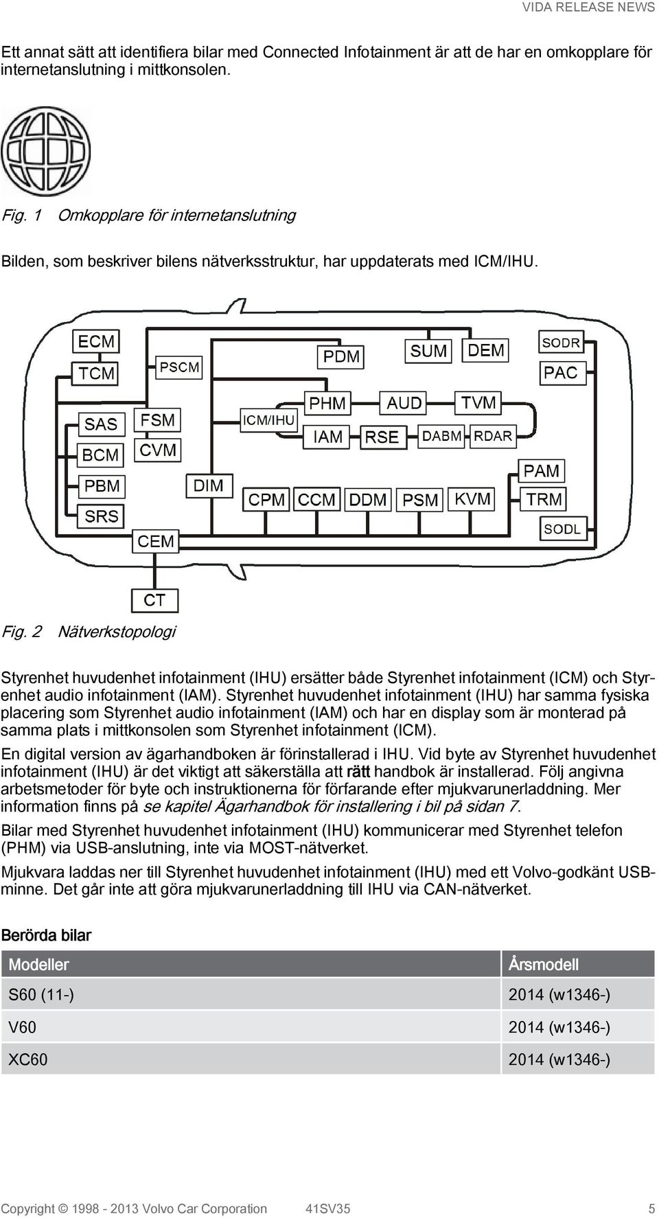 2 Nätverkstopologi Styrenhet huvudenhet infotainment (IHU) ersätter både Styrenhet infotainment (ICM) och Styrenhet audio infotainment (IAM).