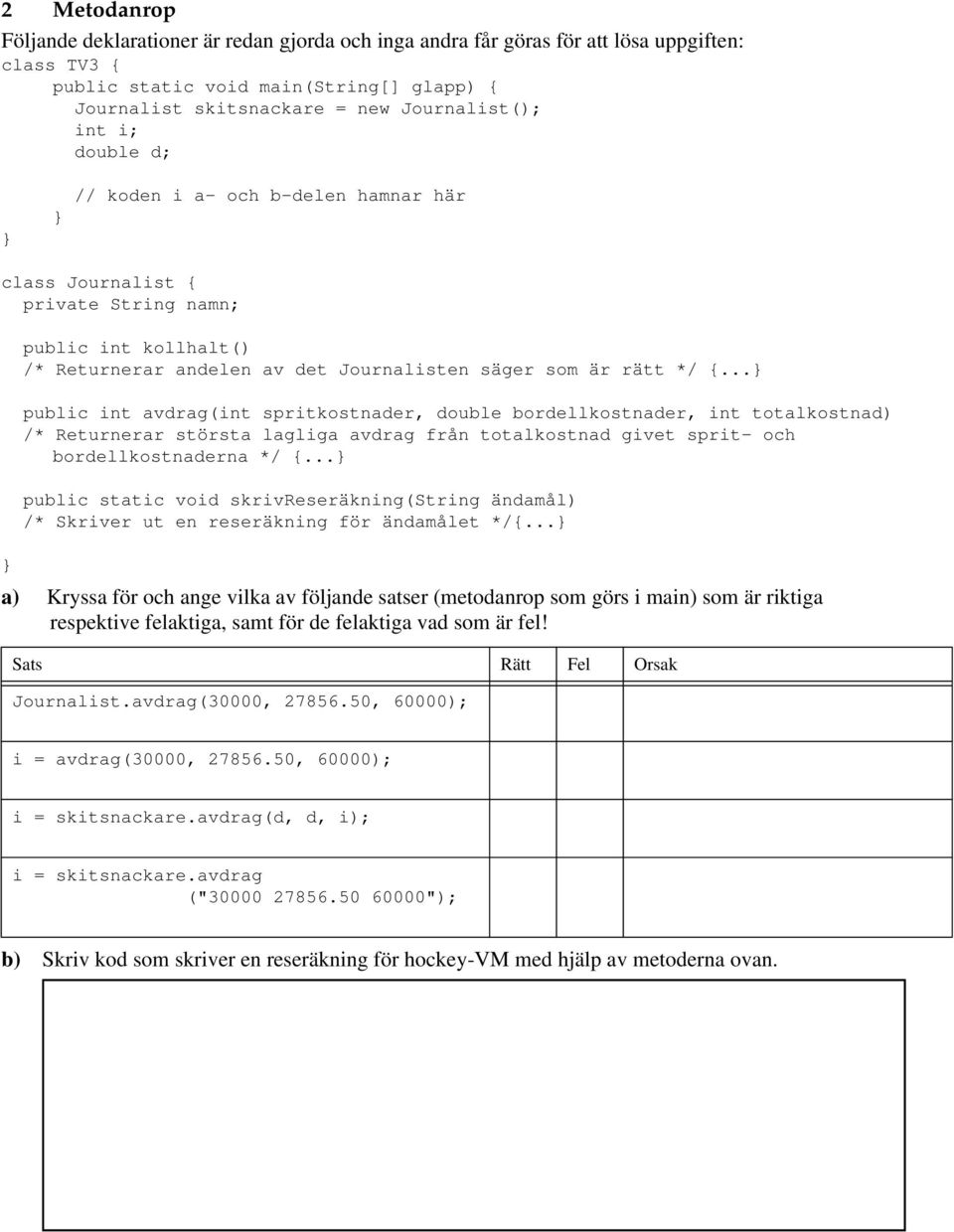 .. public int avdrag(int spritkostnader, double bordellkostnader, int totalkostnad) /* Returnerar största lagliga avdrag från totalkostnad givet sprit- och bordellkostnaderna */ {.