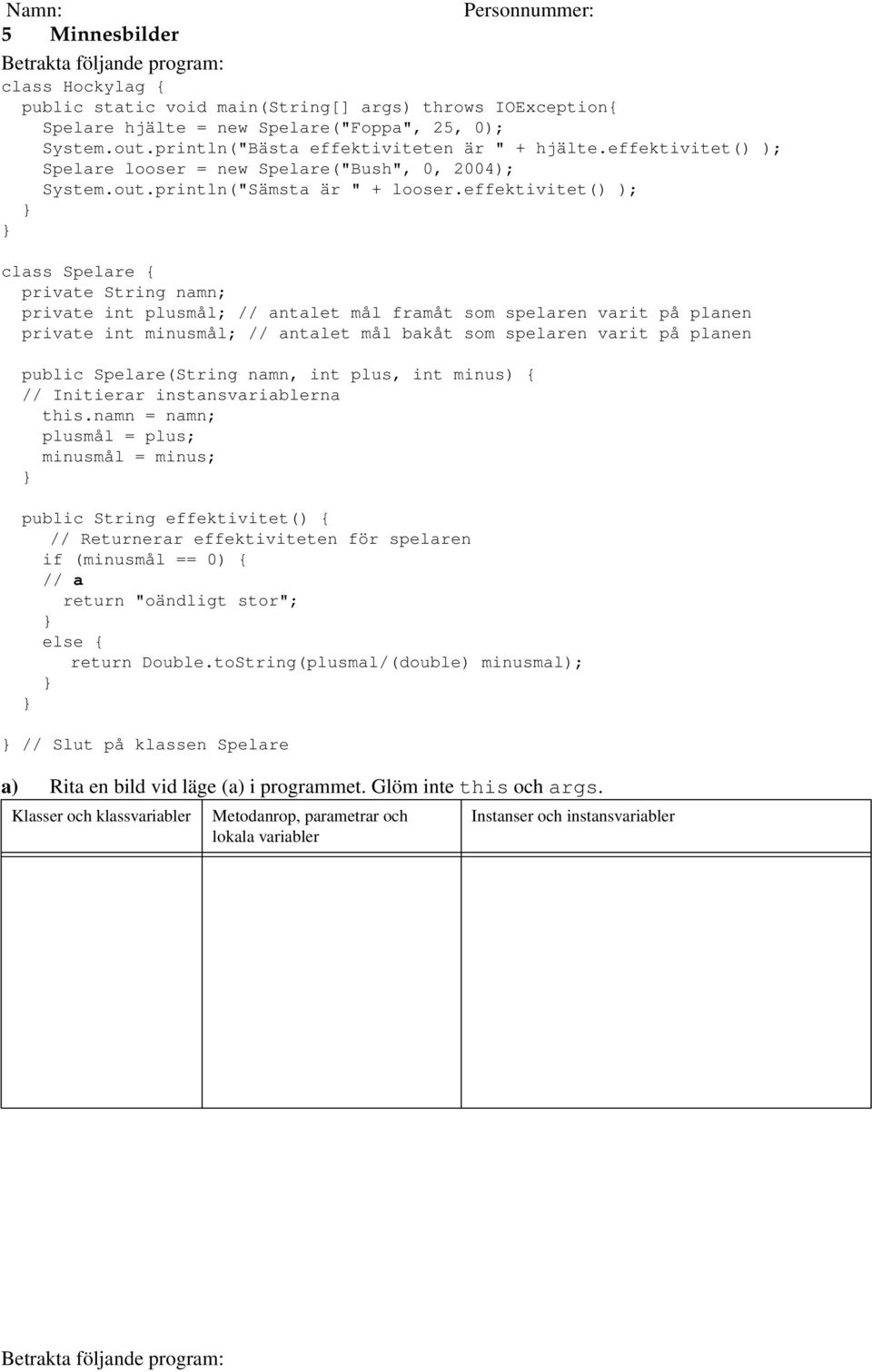 effektivitet() ); class Spelare { private int plusmål; // antalet mål framåt som spelaren varit på planen private int minusmål; // antalet mål bakåt som spelaren varit på planen public Spelare(String