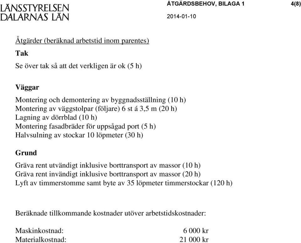 av stockar 10 löpmeter (30 h) Grund Gräva rent utvändigt inklusive borttransport av massor (10 h) Gräva rent invändigt inklusive borttransport av massor (20 h) Lyft