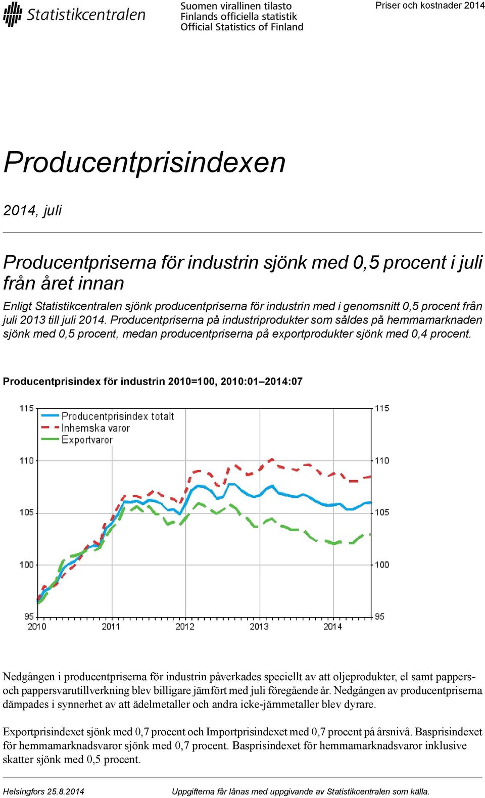 Producentprisindex för industrin 2010=100, 2010:01 2014:07 Nedgången i producentpriserna för industrin påverkades speciellt av att oljeprodukter, el samt pappersoch pappersvarutillverkning blev