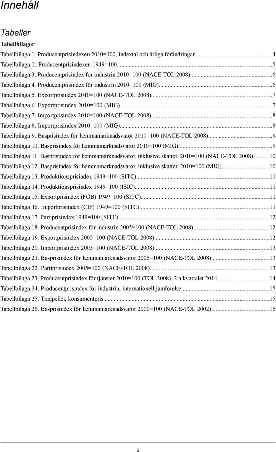 ..7 Tabellbilaga 6. Exportprisindex 2010=100 (MIG)...7 Tabellbilaga 7. Importprisindex 2010=100 (NACE-TOL 2008)...8 Tabellbilaga 8. Importprisindex 2010=100 (MIG)...8 Tabellbilaga 9.