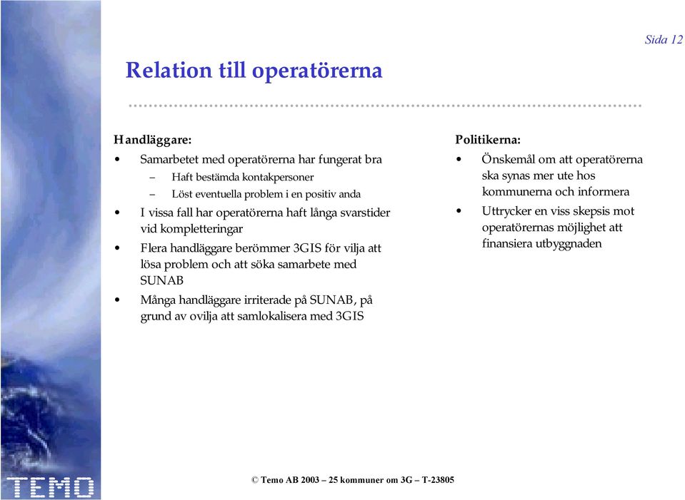 problem och att söka samarbete med SUNAB Många handläggare irriterade på SUNAB, på grund av ovilja att samlokalisera med 3GIS Politikerna: