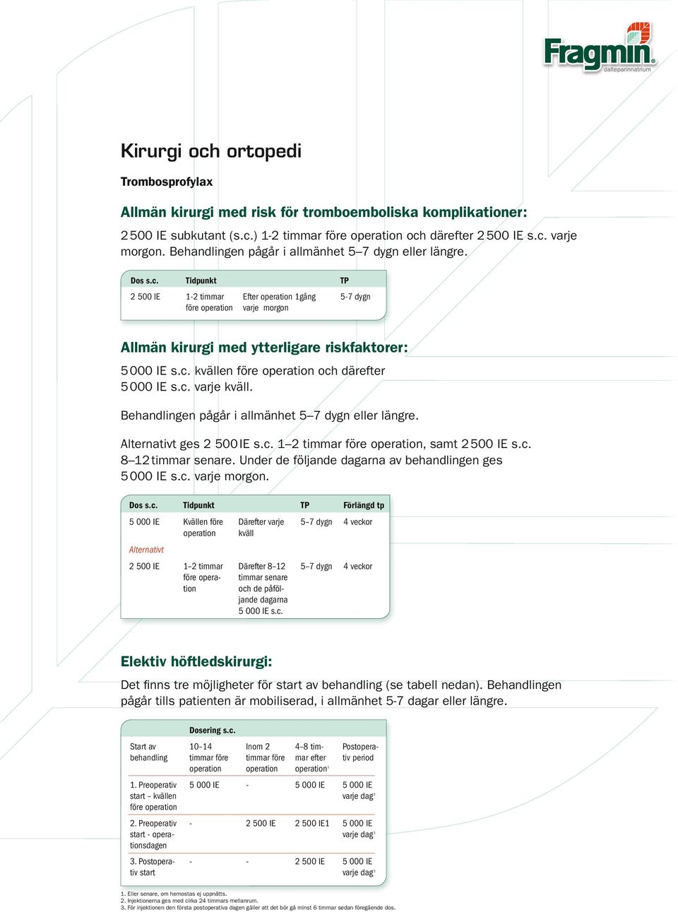 Tidpunkt 2 500 IE 1-2 timmar före operation TP Efter operation 1gång varje morgon 5-7 dygn Allmän kirurgi med ytterligare riskfaktorer: s.c. kvällen före operation och därefter s.c. varje kväll.