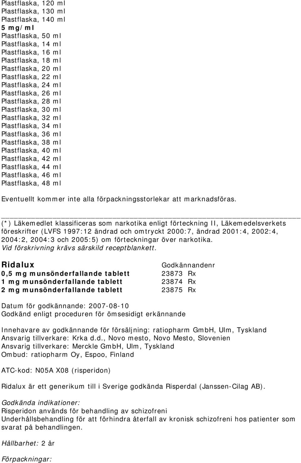 Plastflaska, 46 ml Plastflaska, 48 ml (*) Läkemedlet klassificeras som narkotika enligt förteckning II, Läkemedelsverkets föreskrifter (LVFS 1997:12 ändrad och omtryckt 2000:7, ändrad 2001:4, 2002:4,