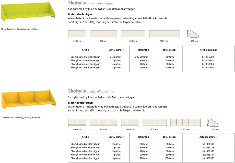 270 mm 298 mm Artikel Antal platser Platsbredd Total bredd Skohylla utan mellanväggar Skohylla utan mellanväggar Skohylla utan mellanväggar Skohylla utan mellanväggar 2-200- bst-056302 bst-059303