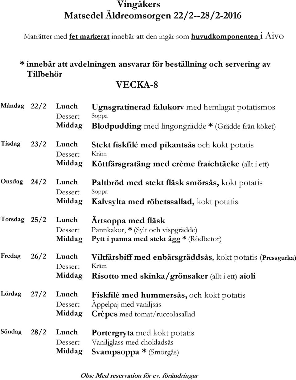 Torsdag 25/2 Lunch Ärtsoppa med fläsk Pannkakor, * (Sylt och vispgrädde) Pytt i panna med stekt ägg * (Rödbetor) Fredag 26/2 Lunch Viltfärsbiff med enbärsgräddsås, kokt potatis (Pressgurka) Risotto