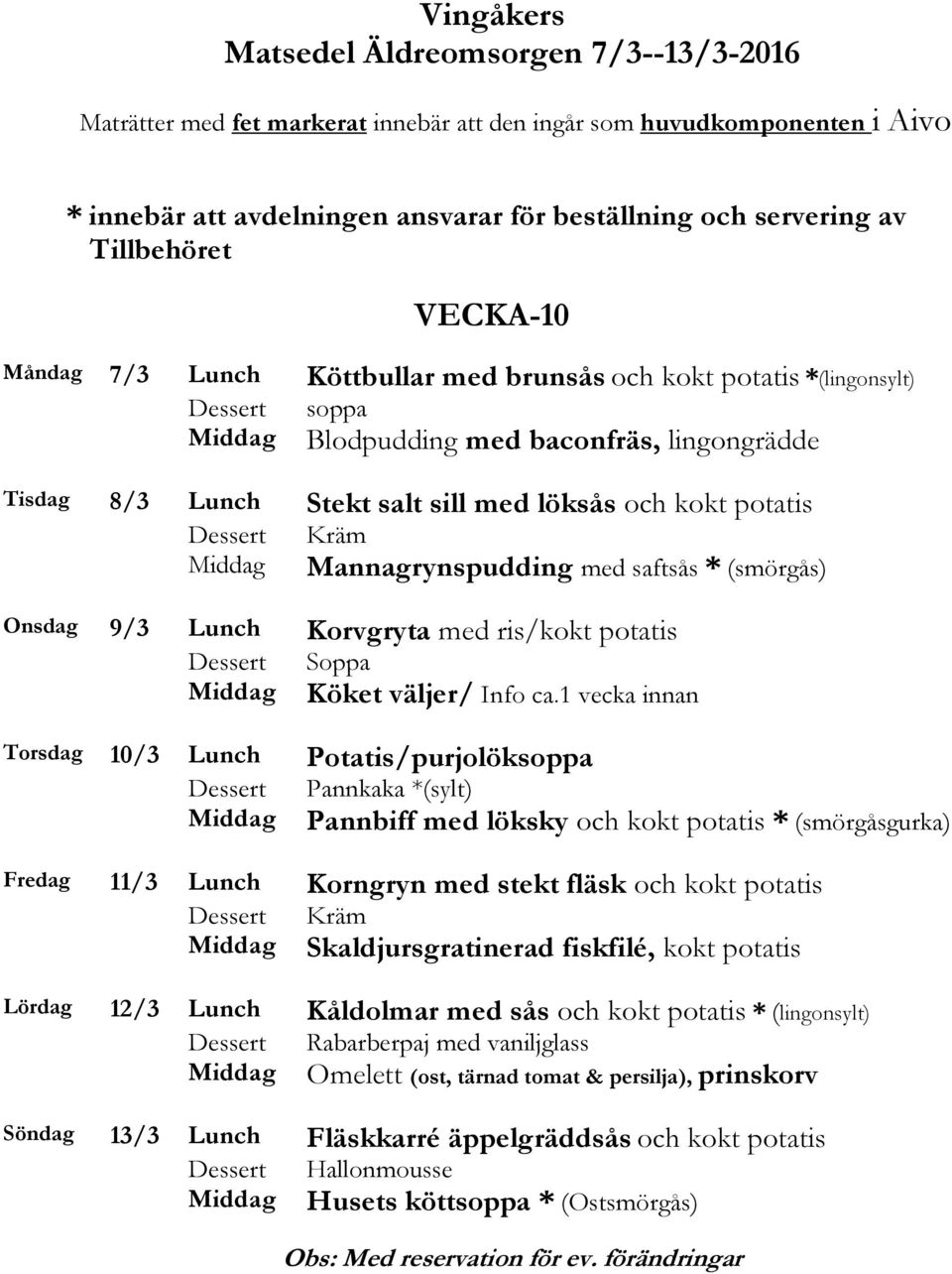 1 vecka innan Torsdag 10/3 Lunch Potatis/purjolöksoppa Pannkaka *(sylt) Pannbiff med löksky och kokt potatis * (smörgåsgurka) Fredag 11/3 Lunch Korngryn med stekt fläsk och kokt potatis