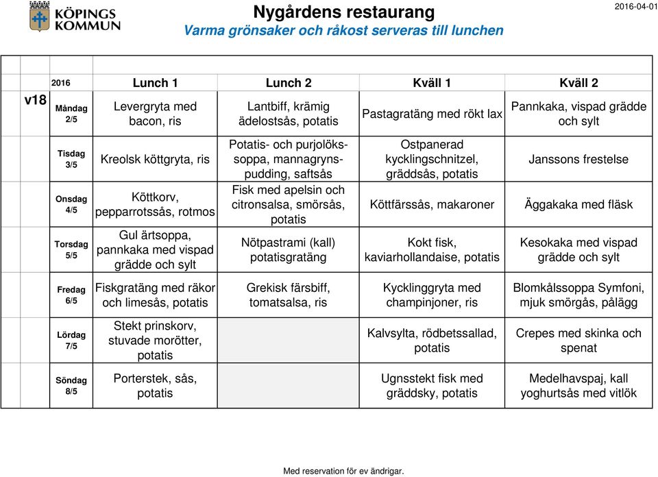 kycklingschnitzel, gräddsås, Köttfärssås, makaroner Kokt fisk, kaviarhollandaise, Janssons frestelse Äggakaka med fläsk Kesokaka med vispad grädde och sylt 6/5 Fiskgratäng med räkor och limesås,