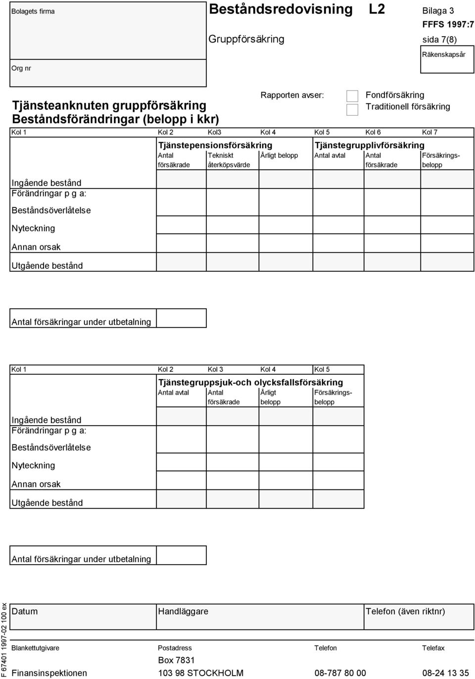 Antal Tekniskt Årligt belopp Antal avtal Antal Försäkringsförsäkrade återköpsvärde försäkrade belopp Antal försäkringar under utbetalning Ingående bestånd Förändringar p g a: Beståndsöverlåtelse